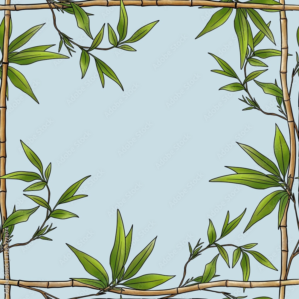 Obraz premium Seamless Pattern Bamboo Frame with Green Leaves Big Design on Pastel Blue Background
