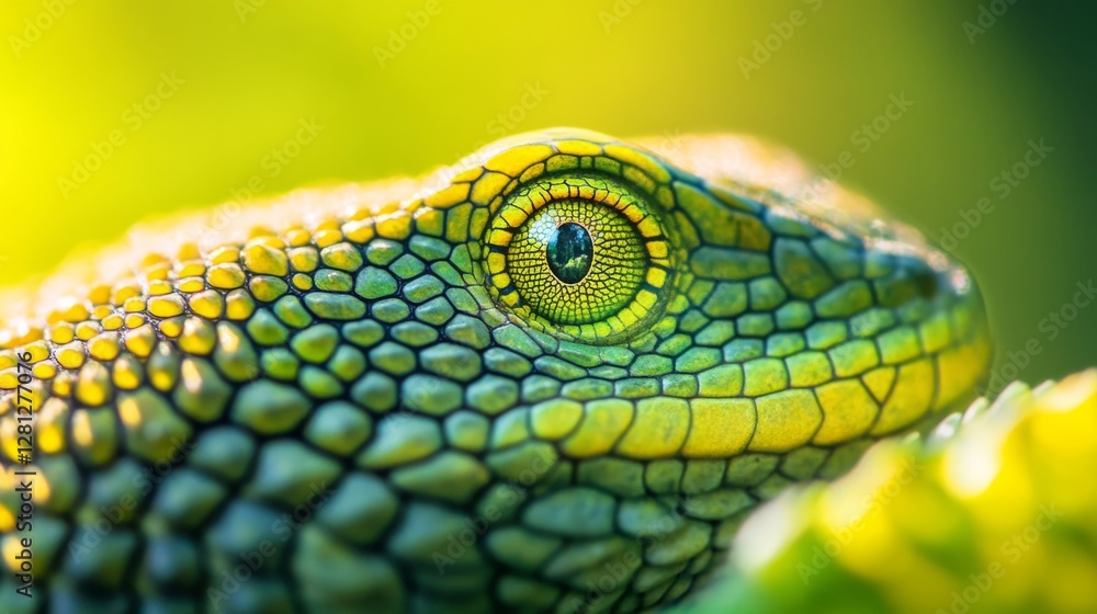 Fototapeta premium A stunning close-up of a vibrant green lizard. The detailed textures and colors of its skin capture the essence of nature. A unique perspective worth appreciating. Generative AI