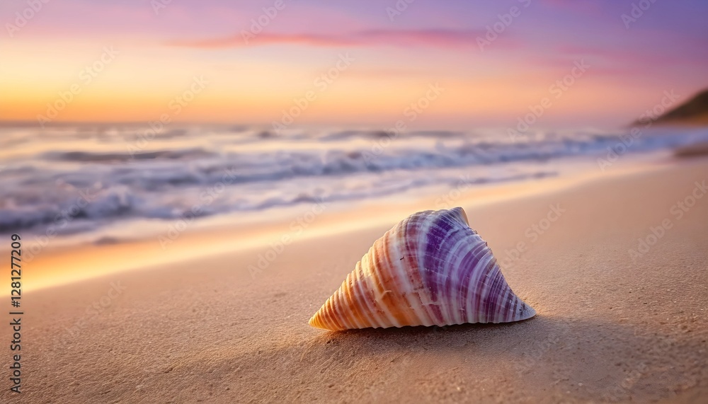 Beautiful Seashell on the Shore Against a Stunning Sunset and Gentle Waves. Beautiful Seashell on the Shore Against a Stunning Sunset and Gentle Waves.