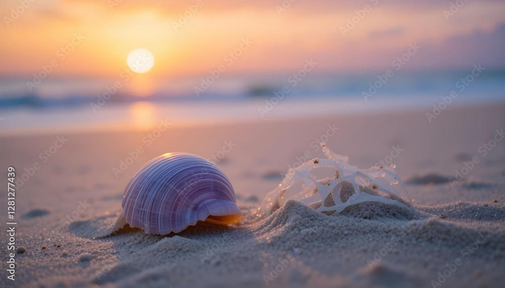 Beautiful Seashell on the Shore Against a Stunning Sunset and Gentle Waves.