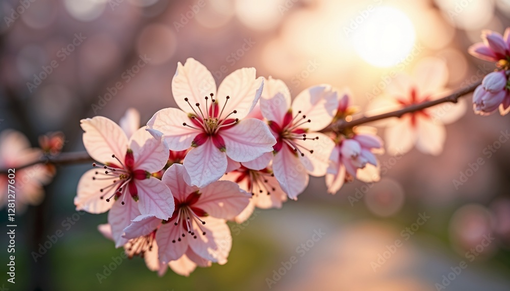 Obraz premium Artistic Close-Up of Cherry Blossoms in Full Bloom at Golden Hour