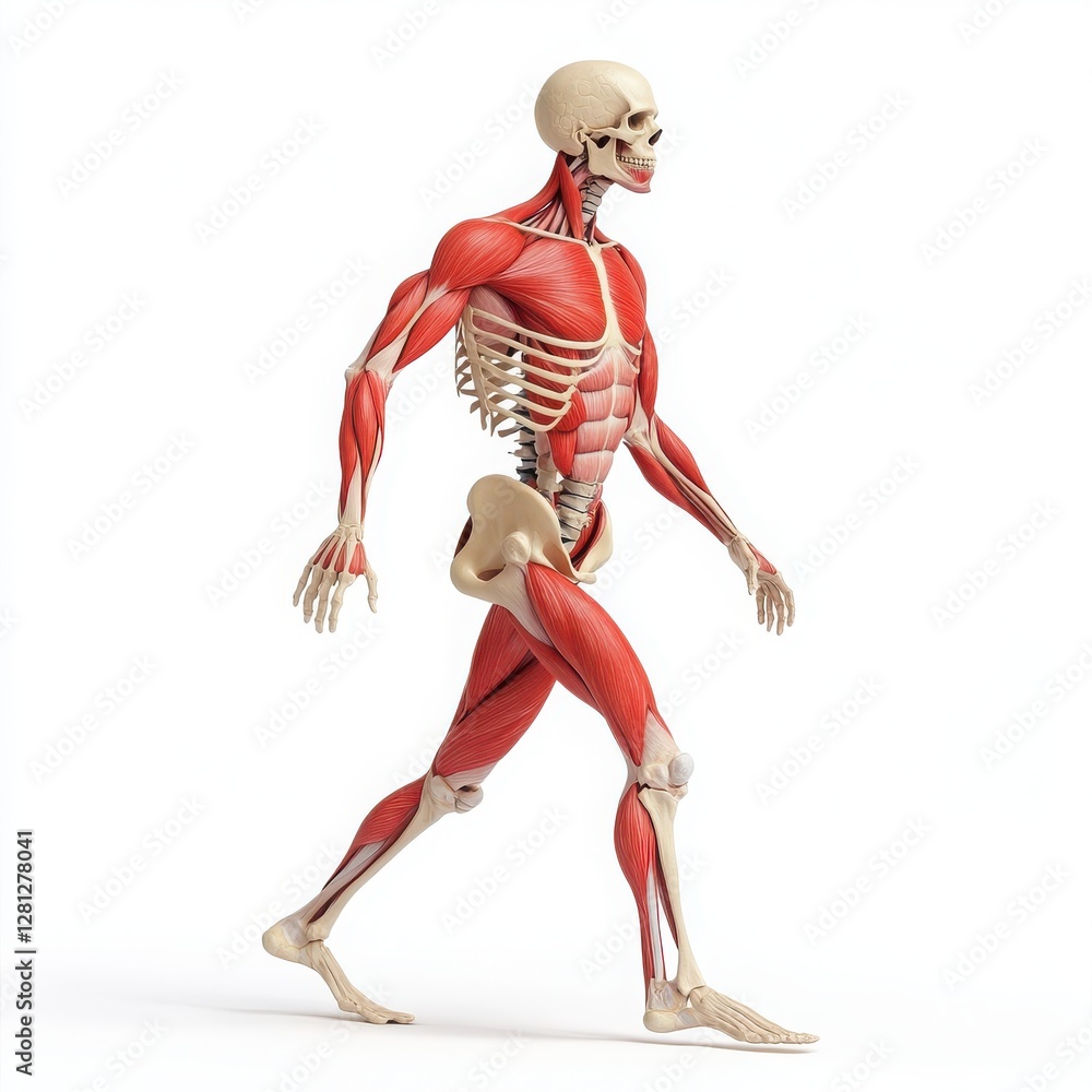 A full-body, hyper-realistic image of the human muscle system, with the skeleton clearly visible under the surface. A full-body, hyper-realistic image of the human muscle system, with the skeleton clearly visible under the surface.