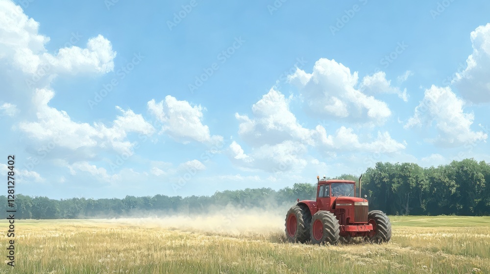 Obraz premium A massive red tractor was furrowing a wide expanse of land, sending up a cloud of dust into the air beneath a clear azure sky, with delicate white clouds in the distance.