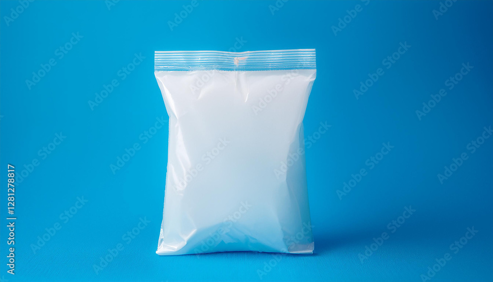 Mock up of white plastic bag on vivid blue background. Perfect for branding, product presentation Mock up of white plastic bag on vivid blue background. Perfect for branding, product presentation