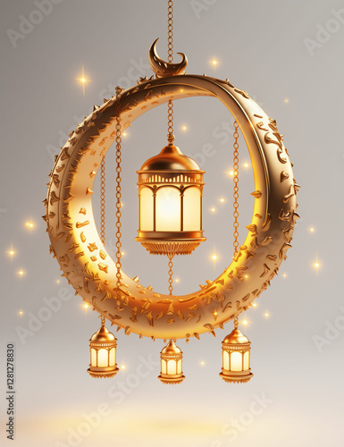 3D Rendering of a Ramadan Crescent Moon and Lanterns