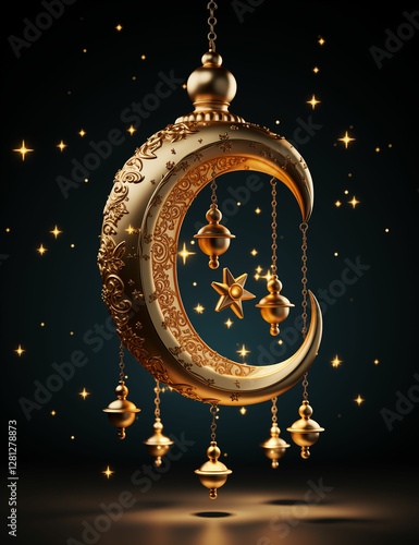 3D Rendering of a Ramadan Crescent Moon and Lanterns