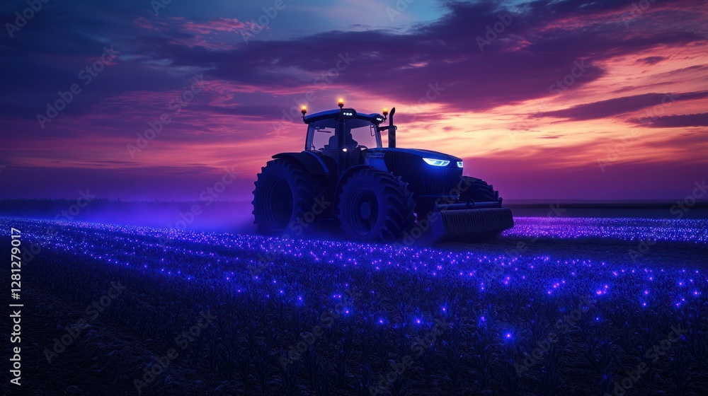 Fototapeta premium A huge tractor cultivating a field with sparkling fluorescent crops against a twilight sky with white clouds.