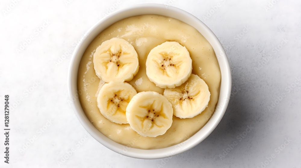 Banana slices on pudding in bowl, white table background, for healthy eating recipes Banana slices on pudding in bowl, white table background, for healthy eating recipes