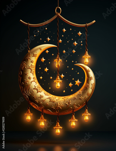 3D Rendering of a Ramadan Crescent Moon and Lanterns