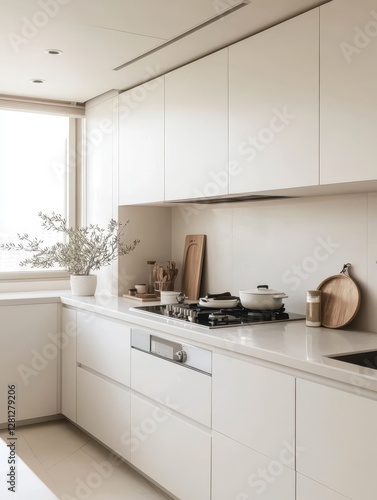 An immaculate modern kitchen showcases a white aesthetic with subtle lighting