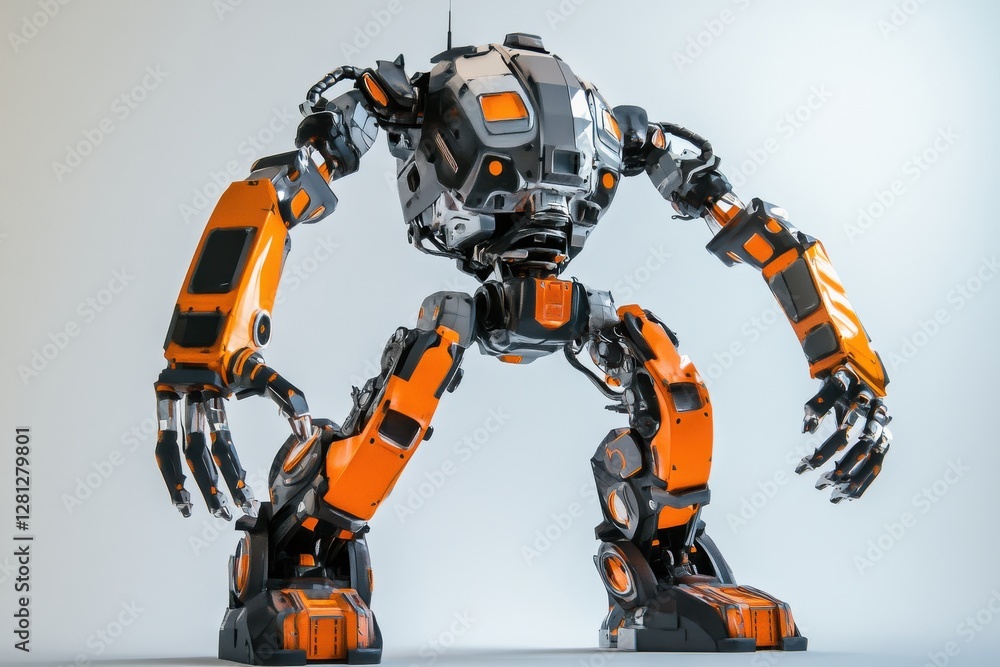 A futuristic humanoid robot with orange and gray metallic body, standing in a white background, showcasing advanced engineering and artificial intelligence. A futuristic humanoid robot with orange and gray metallic body, standing in a white background, showcasing advanced engineering and artificial intelligence.