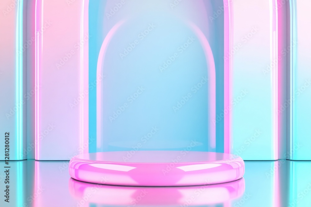futuristic glossy podium with neon accents and rounded edges surrounded by reflective surfaces with generous copy space futuristic glossy podium with neon accents and rounded edges surrounded by reflective surfaces with generous copy space