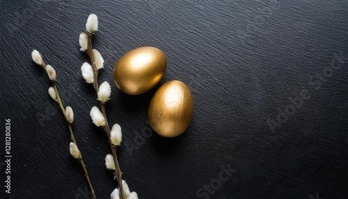 Easter Decoration With Golden Eggs on Dark Shale Background photo