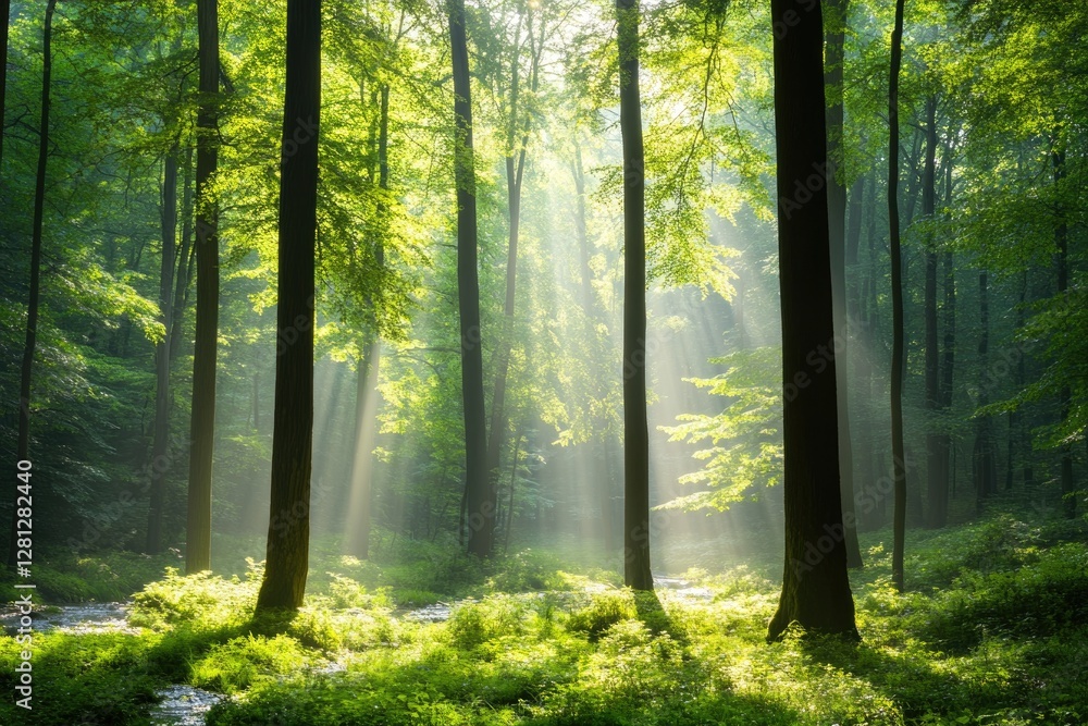 Fototapeta premium serene forest scene with sunlight filtering through green leaves casting dappled shadows on forest floor quiet of nature