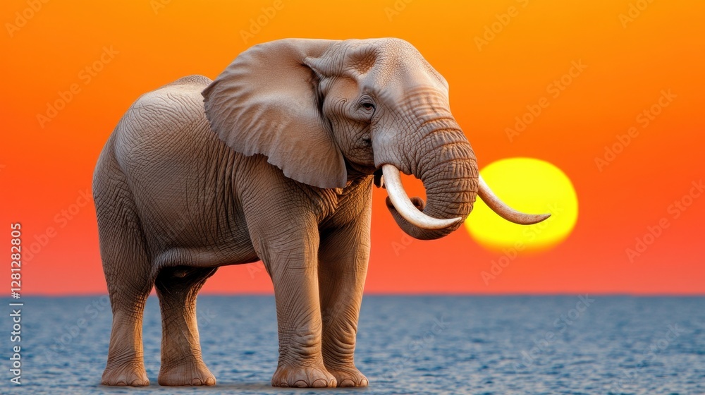 Obraz premium Majestic large mammal standing in shallow water at sunset. Warm orange sunset sky, large yellow sun visible. Animal is light gray, showing texture