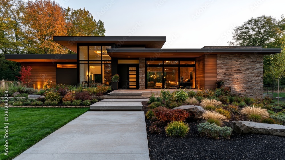 Unique Modern Wooden Architecture With Curved Windows and Stylish Entrance in a Serene Outdoor Setting During Early Evening Unique Modern Wooden Architecture With Curved Windows and Stylish Entrance in a Serene Outdoor Setting During Early Evening