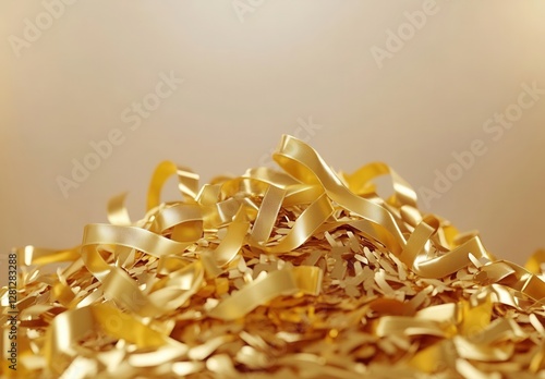 Close up of a pile of shiny golden ribbon and shredded paper against a neutral gradient backdrop. The ribbons create texture and depth, with soft