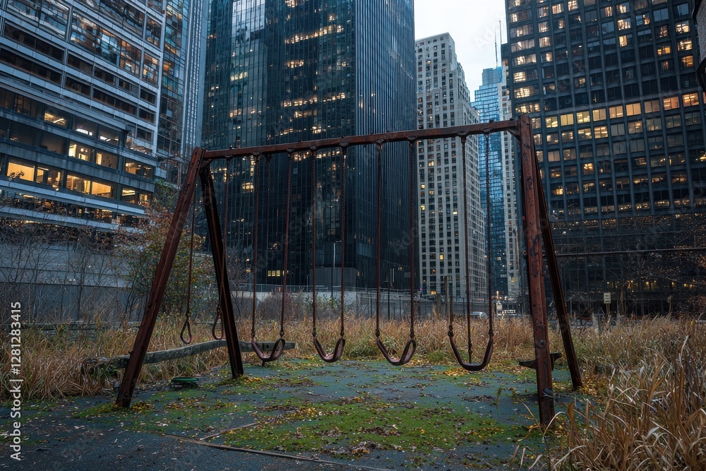 An abandoned swing set in a desolate park, surrounded by towering skyscrapers, evokes a sense of urban decay and lost childhood dreams in the cityscape. An abandoned swing set in a desolate park, surrounded by towering skyscrapers, evokes a sense of urban decay and lost childhood dreams in the cityscape.