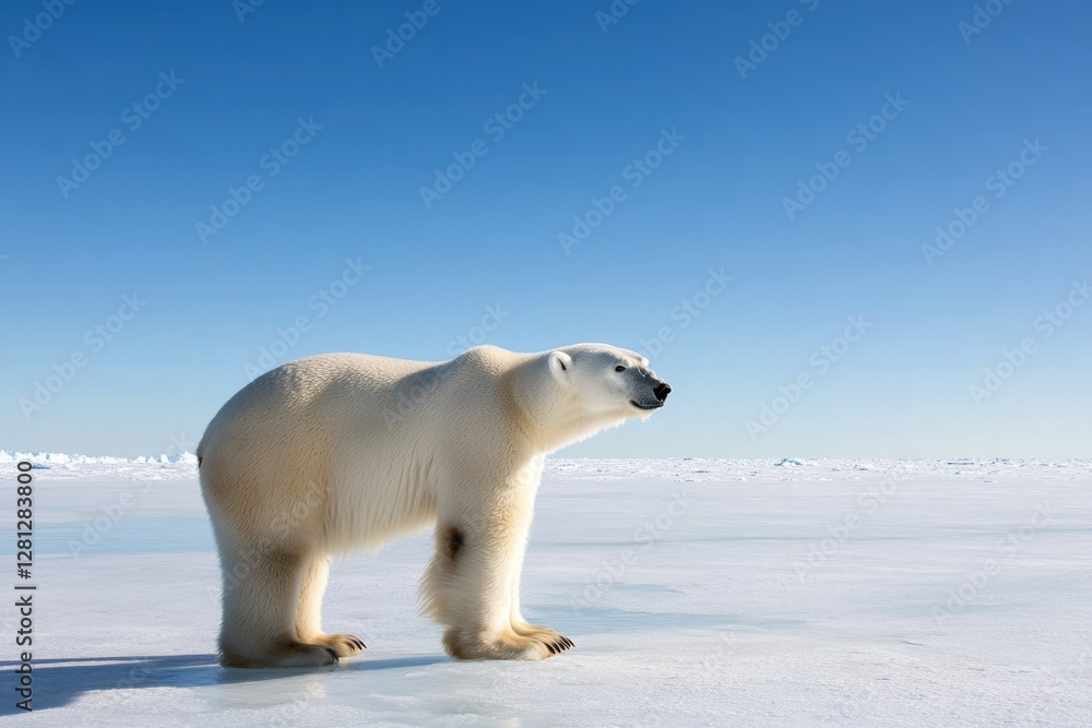 solitary polar bear stands on arctic ice floe with endless stretches of frozen landscape as backdrop emphasizing stark solitary polar bear stands on arctic ice floe with endless stretches of frozen landscape as backdrop emphasizing stark