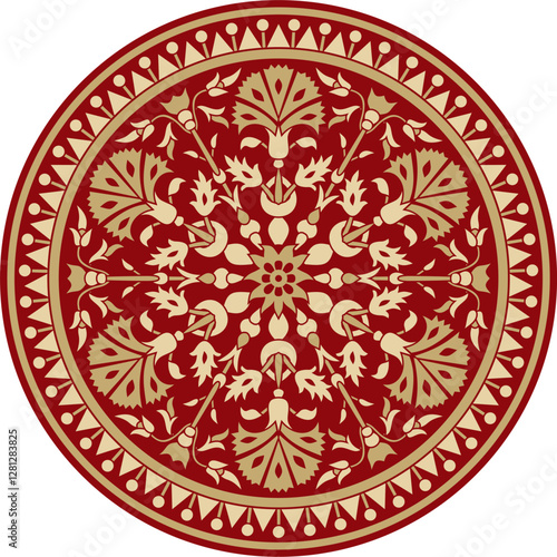 Vector gold with red round Turkish ornament. Ottoman circle, ring, frame.