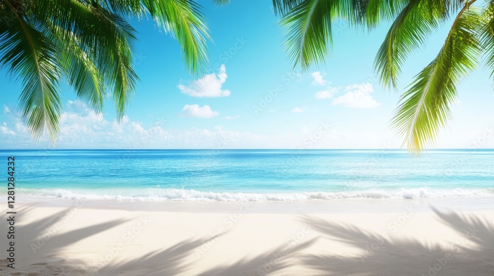 Fototapeta premium A peaceful beach with white sand, palm trees, clear blue sky. Gentle waves lapping at the shore, coconut tree shadows on the sand, creating a serene summer atmosphere perfect for relaxatio sunbathing