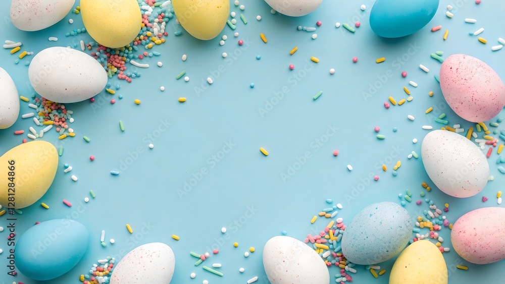 Pastel Easter Eggs and Sprinkles Frame on Blue Background