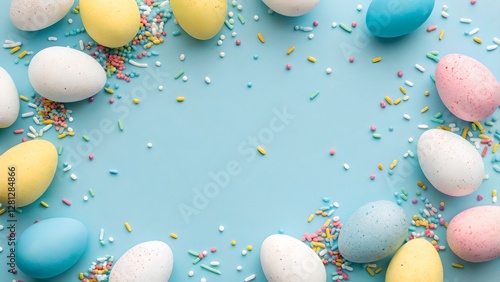 Obraz na płótnie Pastel Easter Eggs and Sprinkles Frame on Blue Background w salonie