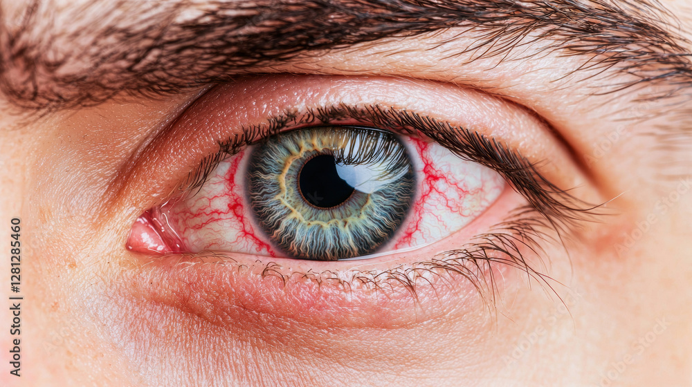 Fototapeta premium A close-up of a human eye showcasing vibrant colors, intricate details, with visible redness around the sclera, highlighting the complexity of human anatomy.