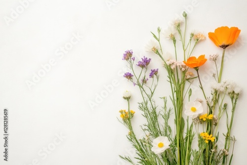 arrangement of various vibrant wildflowers on plain white background