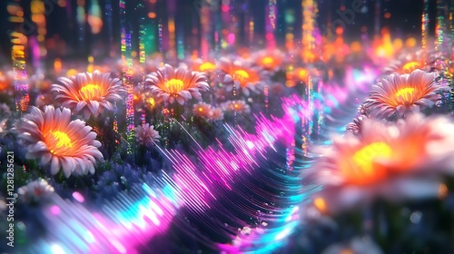 Vibrant Neon Lights Illuminate Glowing Flowers Field