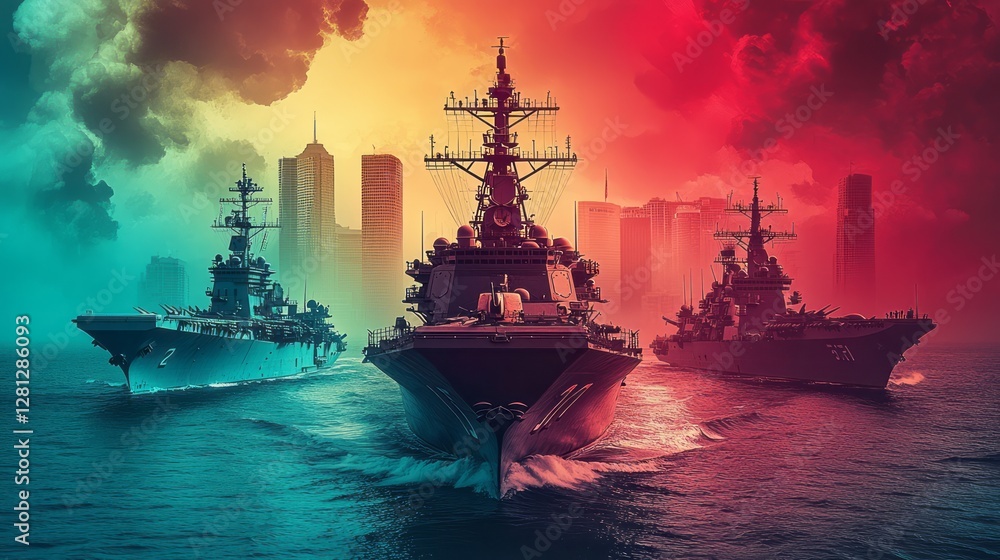 Three imposing warships dominate the scene against city skyline Three imposing warships dominate the scene against city skyline