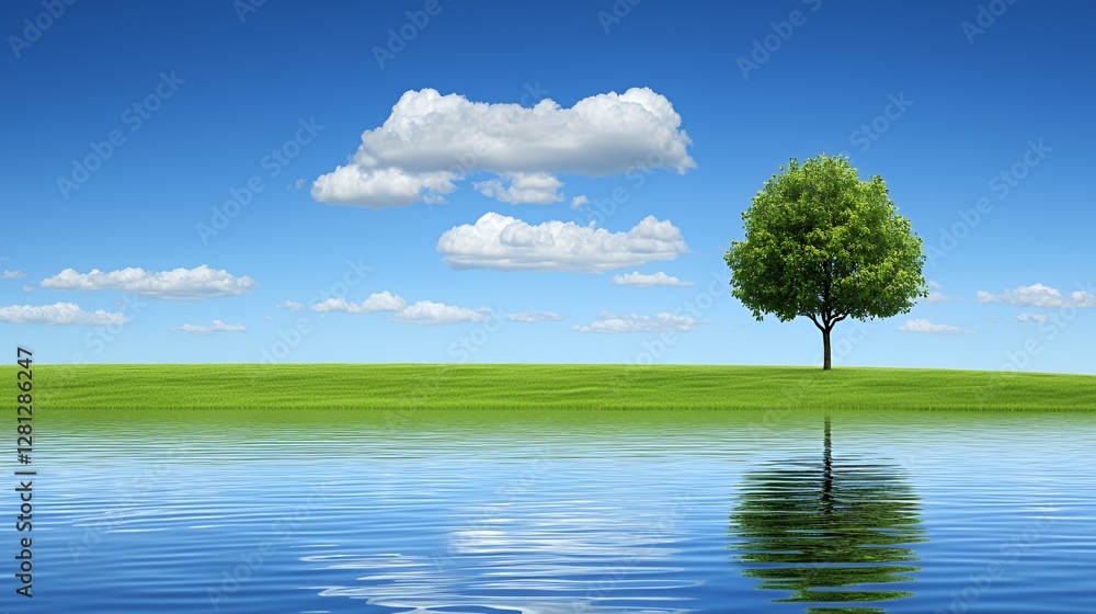 Obraz premium Solitary Tree Reflected in Calm Water Under a Blue Sky