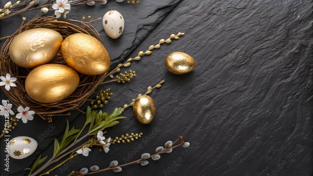 Elegant Easter Golden Eggs Nest Decoration on Dark Slate