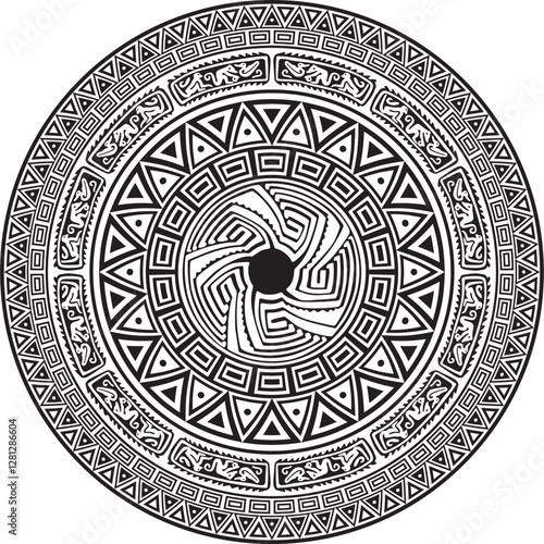 Native American vector round monochrome pattern. Geometric shapes in a circle. National ornament of the peoples of America, Maya, Aztecs, Incas