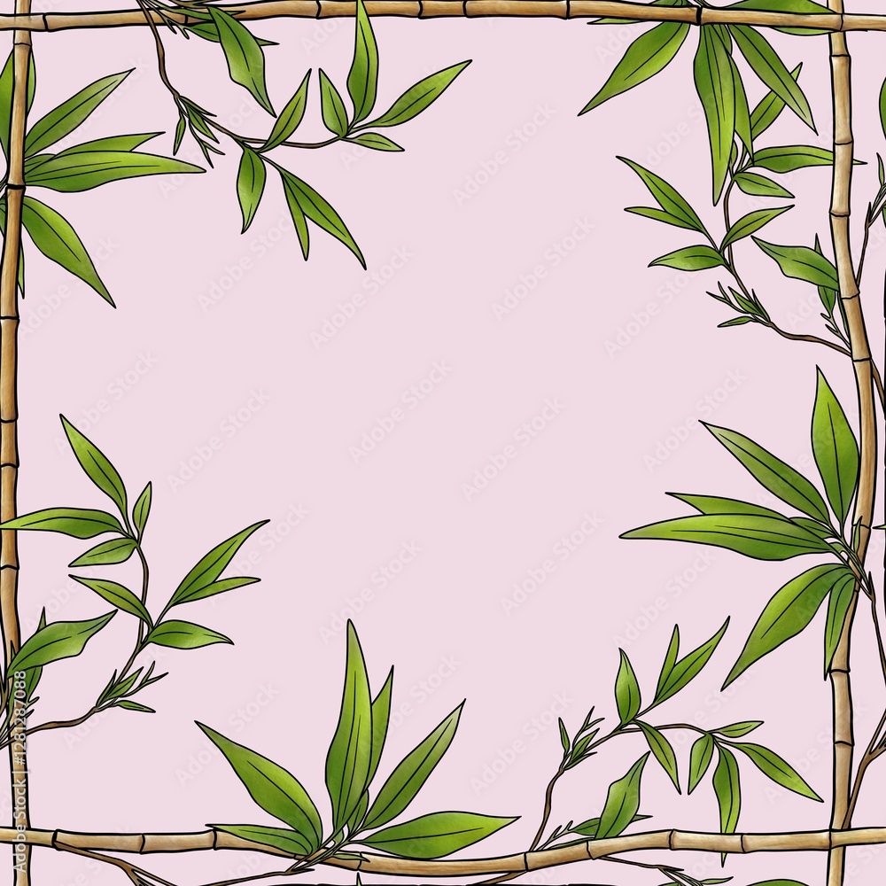 Fototapeta premium Seamless Pattern Bamboo Frame with Green Leaves Big Design on Pastel Pink Background