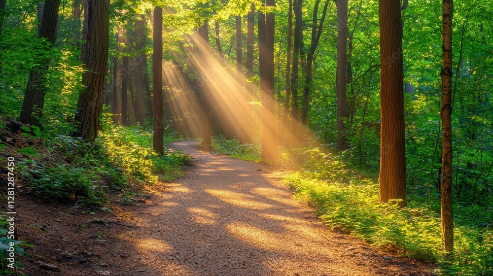 Fototapeta premium Enchanting forest path illuminated by radiant sunlight streaming through the trees, creating a magical ambiance