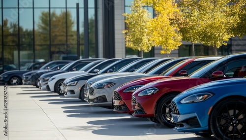 Modern cars lined up outside modern office building