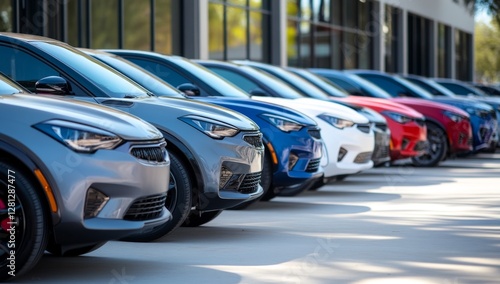 Row of new cars lined up at dealership showroom