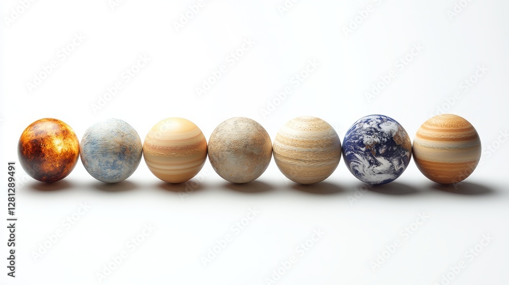 Obraz premium Planets model in a row on white background.