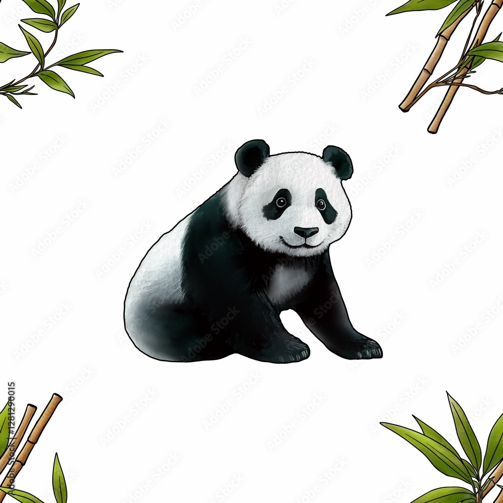 Seamless Pattern with Cute Pandas and Bamboo Big Design on White Background