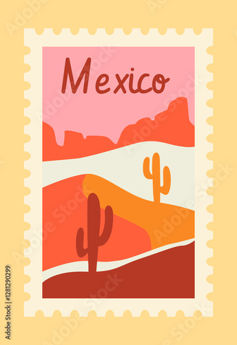 Mexico desert postage stamp. Vector illustration