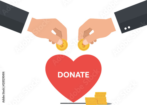 Two hands placing coins into a red heart symbolizing charity in a minimal vector illustration