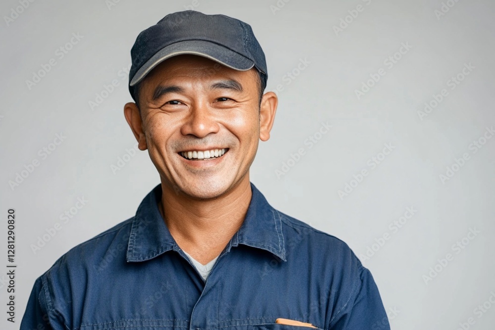 Happy Smiling Asian Man Wearing Blue Work Uniform Cap Portrait Studio Shot Professional Worker Friendly Service Excellent Service Quality Happy Customer Care Positive Attitude Cheerful Person job team Happy Smiling Asian Man Wearing Blue Work Uniform Cap Portrait Studio Shot Professional Worker Friendly Service Excellent Service Quality Happy Customer Care Positive Attitude Cheerful Person job team