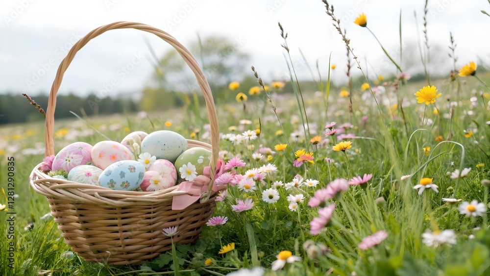 Pastel Easter Eggs in Wicker Basket Amidst Spring Flowers