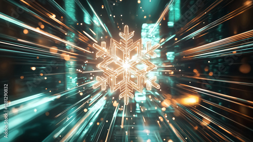 abstract glowing snowflake made of light radiates energy and warmth, surrounded by vibrant blue and gold hues, creating festive atmosphere