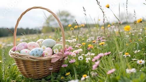 Obraz na płótnie Pastel Easter Eggs in Wicker Basket Amidst Spring Flowers w salonie