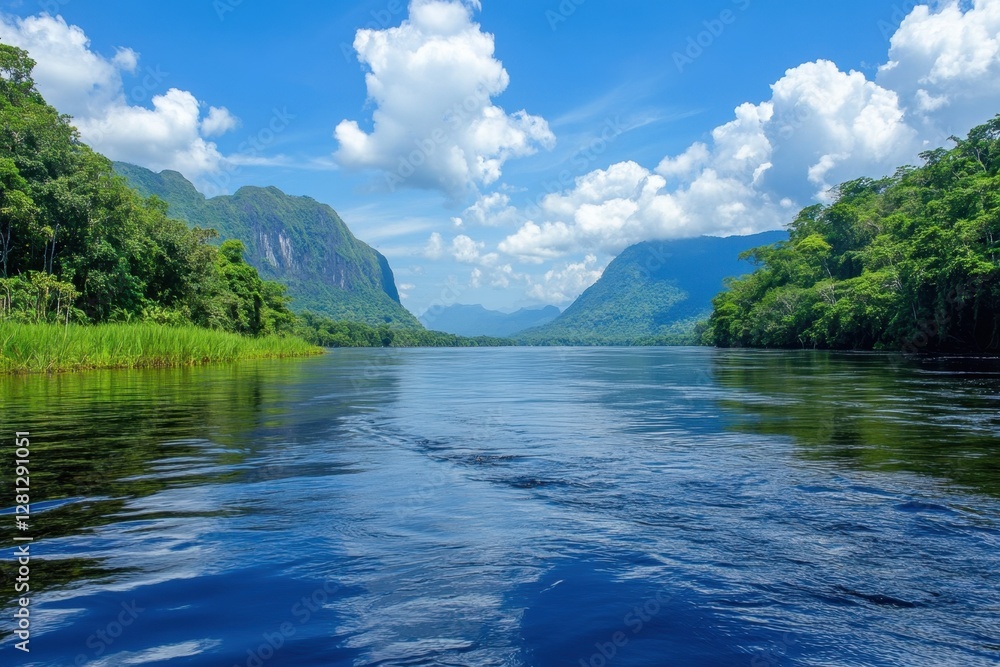 Fototapeta premium Serene river journey through lush Amazon rainforest with majestic mountains and vibrant green vegetation under a clear blue sky