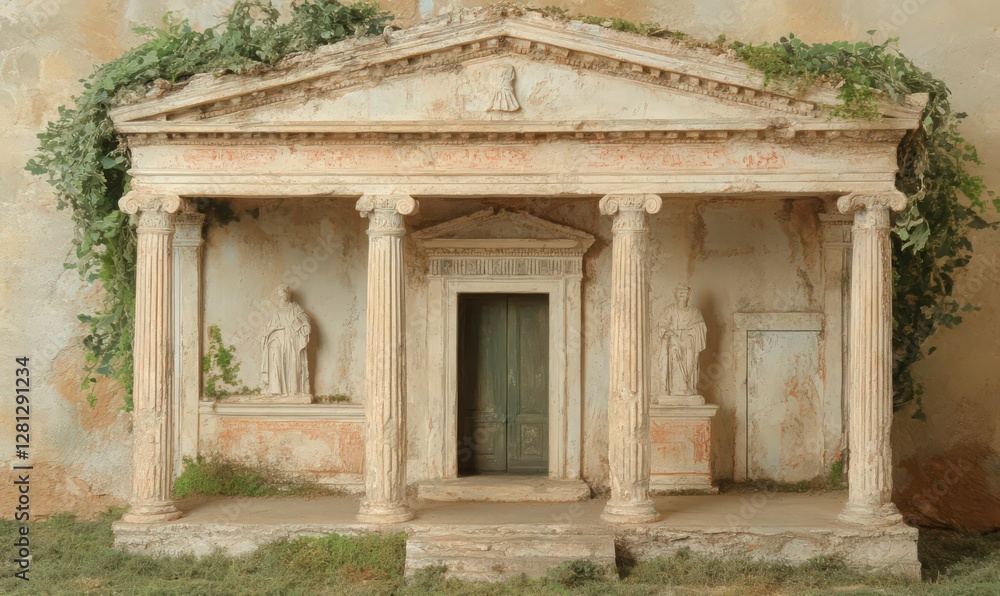 Beige Stone Classical Temple Model with Green Door and Statues Beige Stone Classical Temple Model with Green Door and Statues
