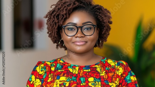 Portrait of a young woman with short brown hair wearing glasses and a colorful patterned top against a blurred yellow background