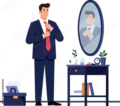 Professional man adjusting his tie in front of a mirror in a minimal style vector illustration